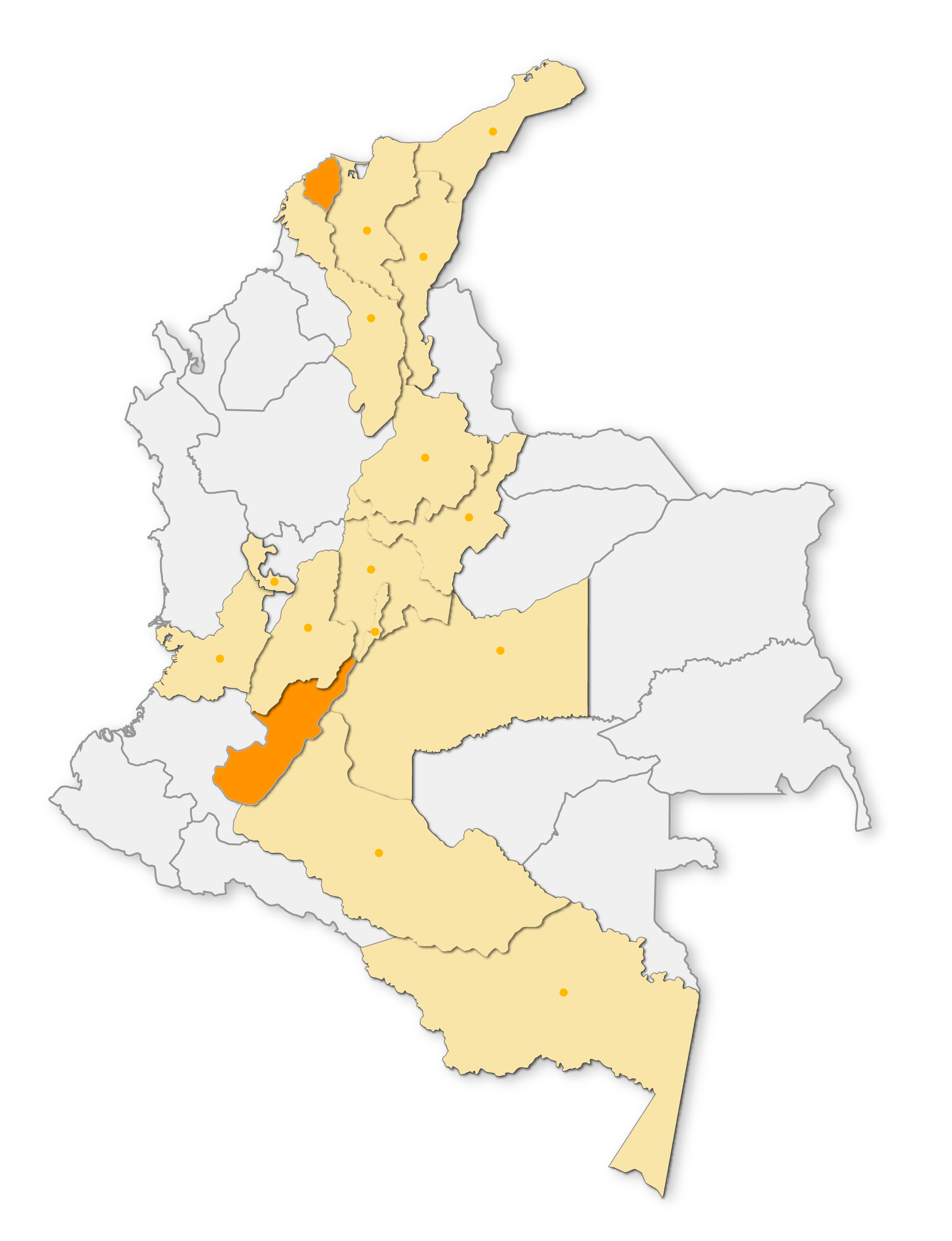 Imagen del mapa de Colombia señalando nuestras sedes en Neiva y Barranquilla